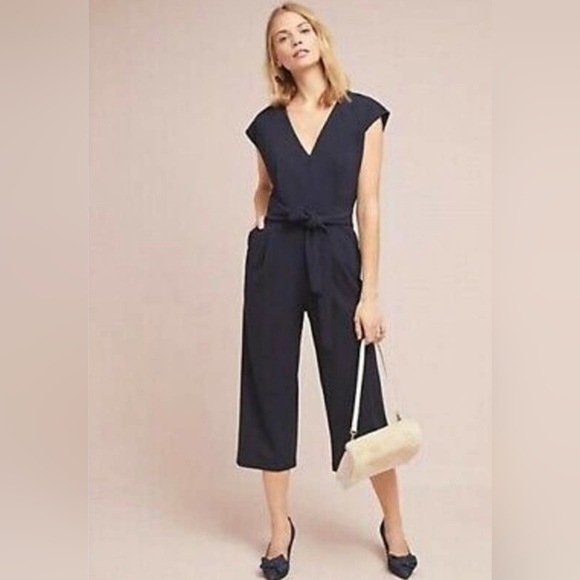 Anthropologie Ett Twa Jumpsuit Black Sedona Wide-Leg V-Neck Tie Waist Size S